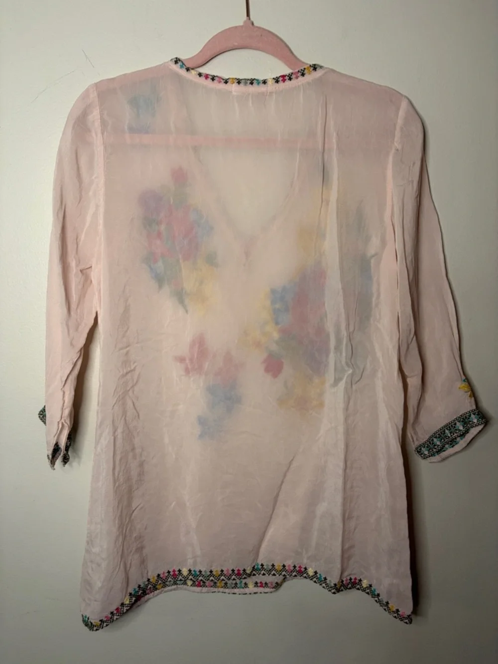 Johnny Was Pale Pink Floral Embroidered V-Neck Tunic - Picture 5 of 5